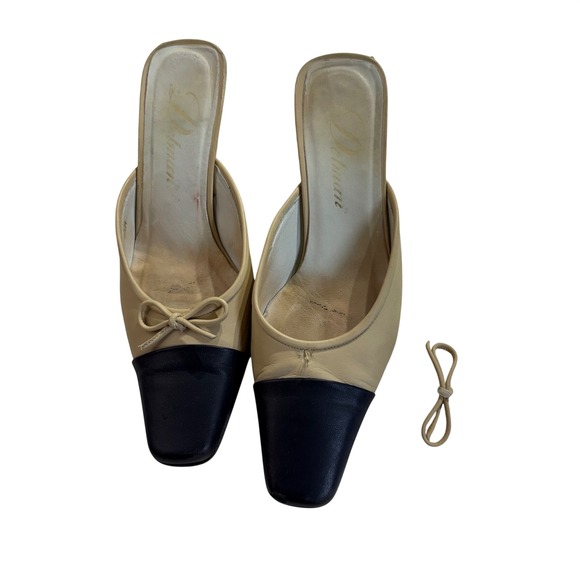Delman Shoes - Vintage Delman Leather Mule Heels 6.5M Beige Black Square Toe Bow READ